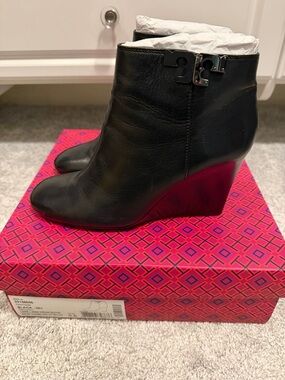 Tory Burch Black Leather Wedge Ankle Booties with Logo Accent